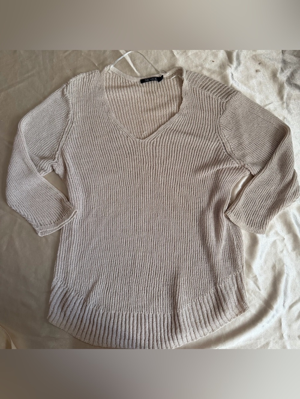 Women’s NIC+ZOE Size XL Beige Ribbed Knit V-Neck 3/4 Sleeve Pullover Sweater